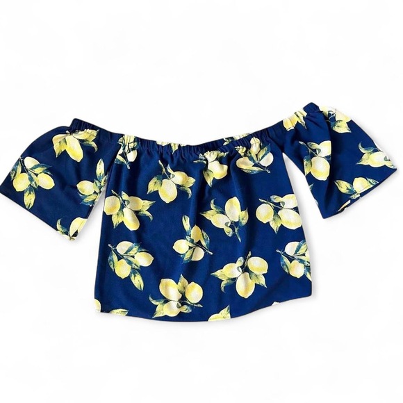 Sweet wanderer Short bell sleeves Lemon print crop top in Blue - Picture 6 of 7